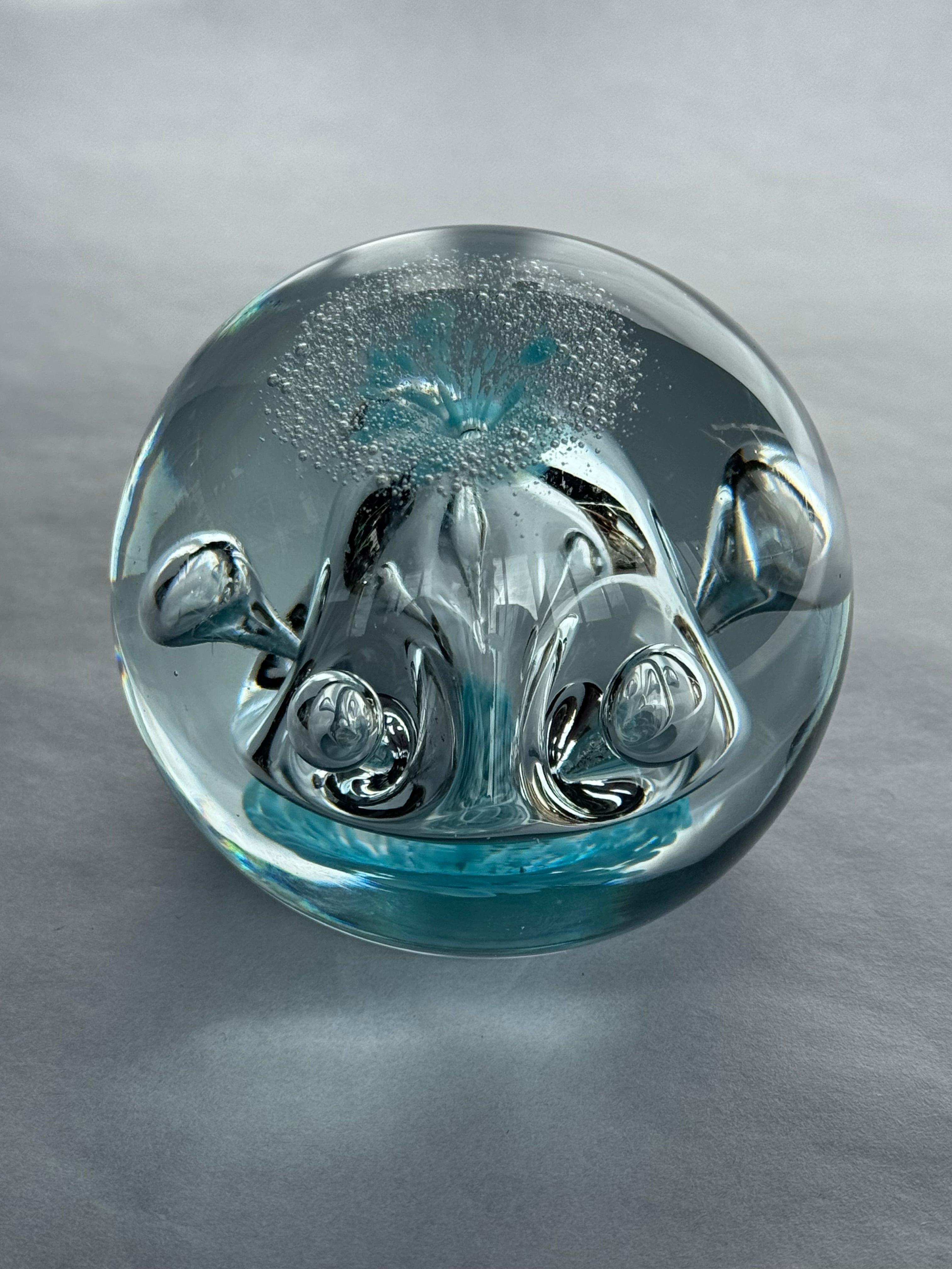 O & M Hoglund Paperweight 1981 Aqua Blue Bubbles
