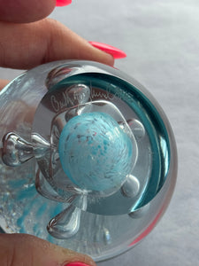 O & M Hoglund Paperweight 1981 Aqua Blue Bubbles