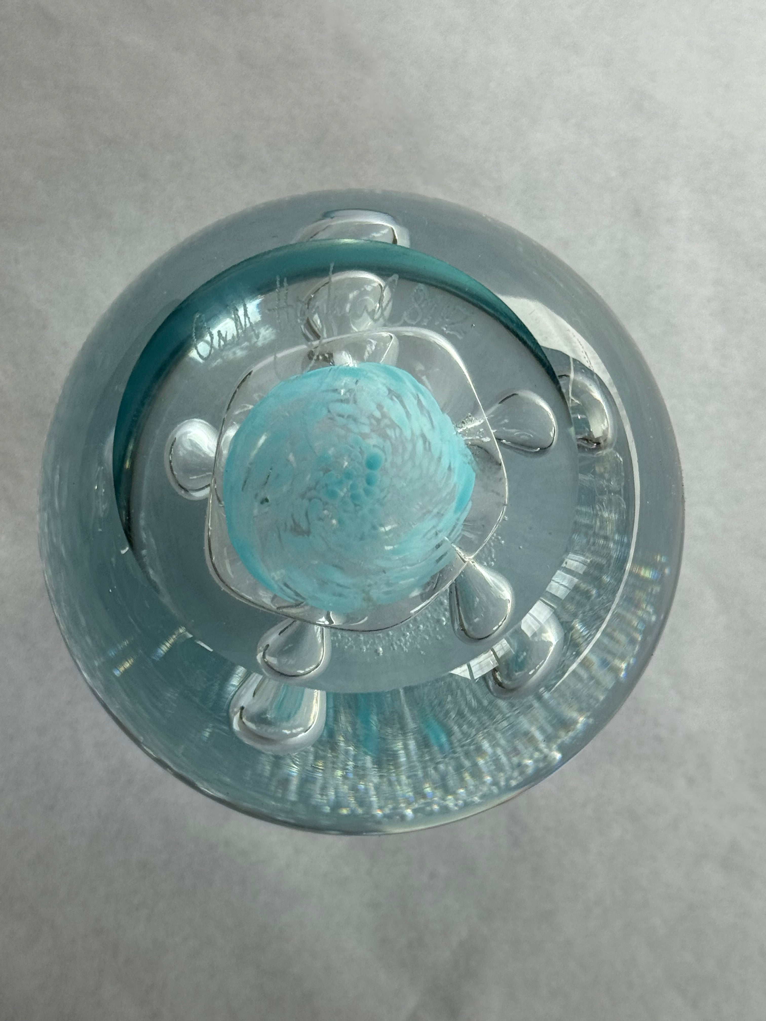 O & M Hoglund Paperweight 1981 Aqua Blue Bubbles