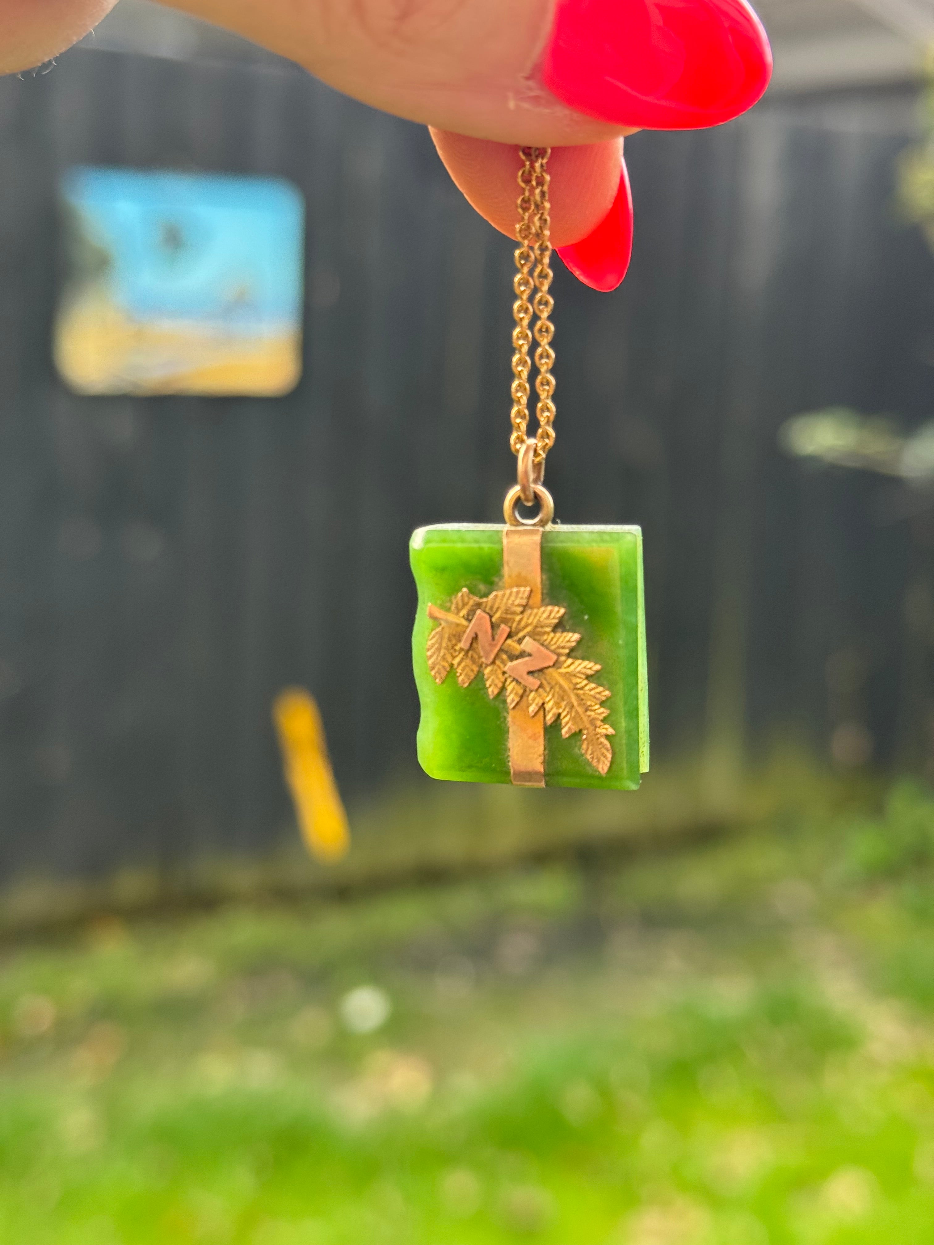 Antique 9ct & Pounamu Book Pendant - Heritage Jewellery