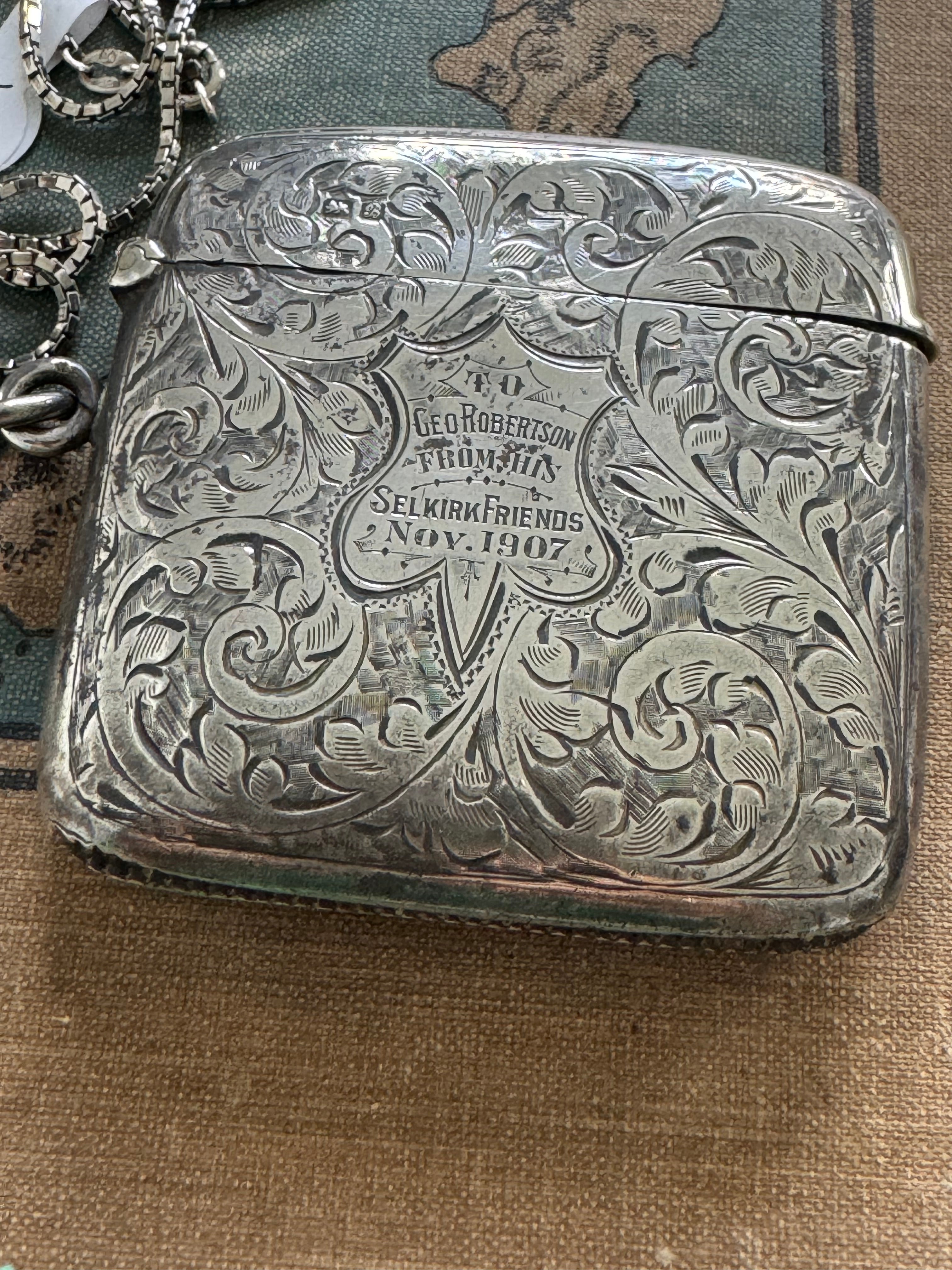 Antique Sterling Vesta Case & Unusual Boxed Link Chain