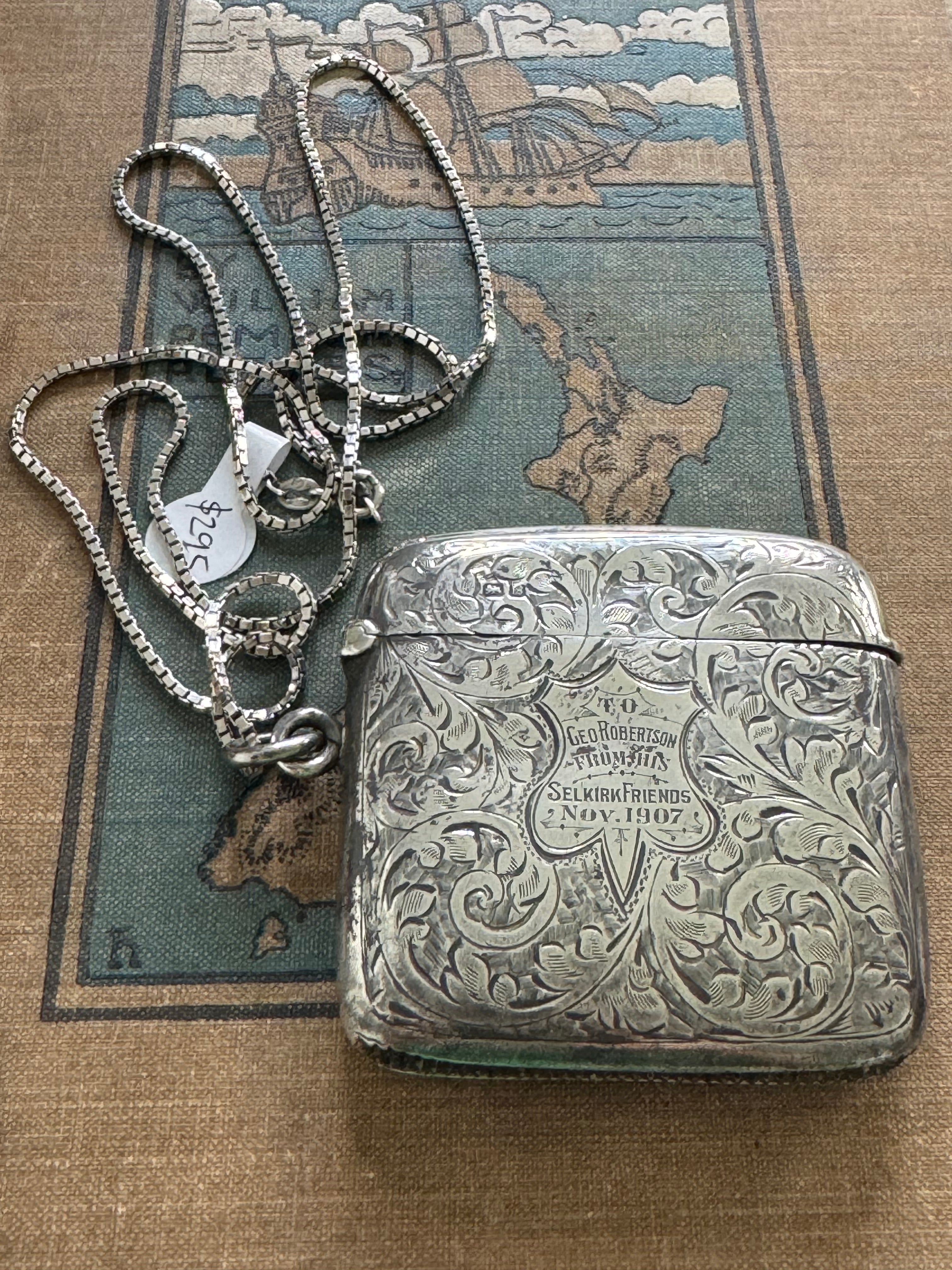 Antique Sterling Vesta Case & Unusual Boxed Link Chain