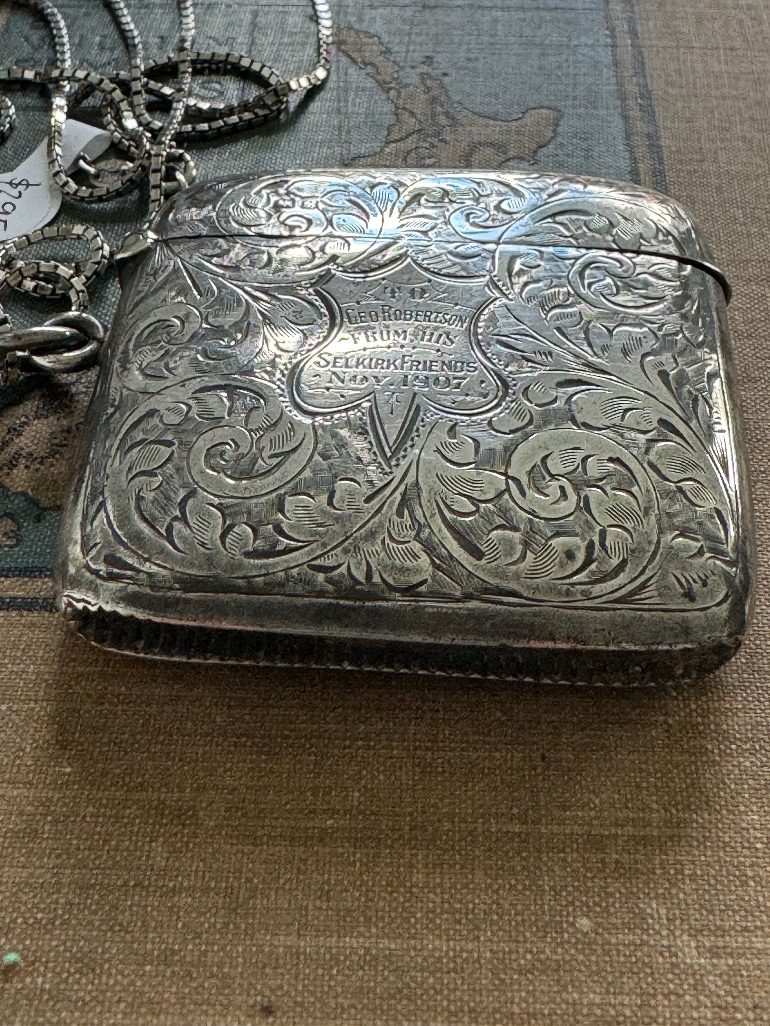 Antique Sterling Vesta Case & Unusual Boxed Link Chain