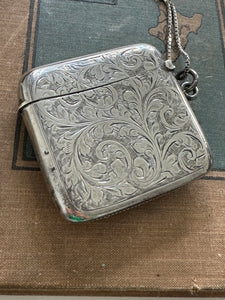 Antique Sterling Vesta Case & Unusual Boxed Link Chain