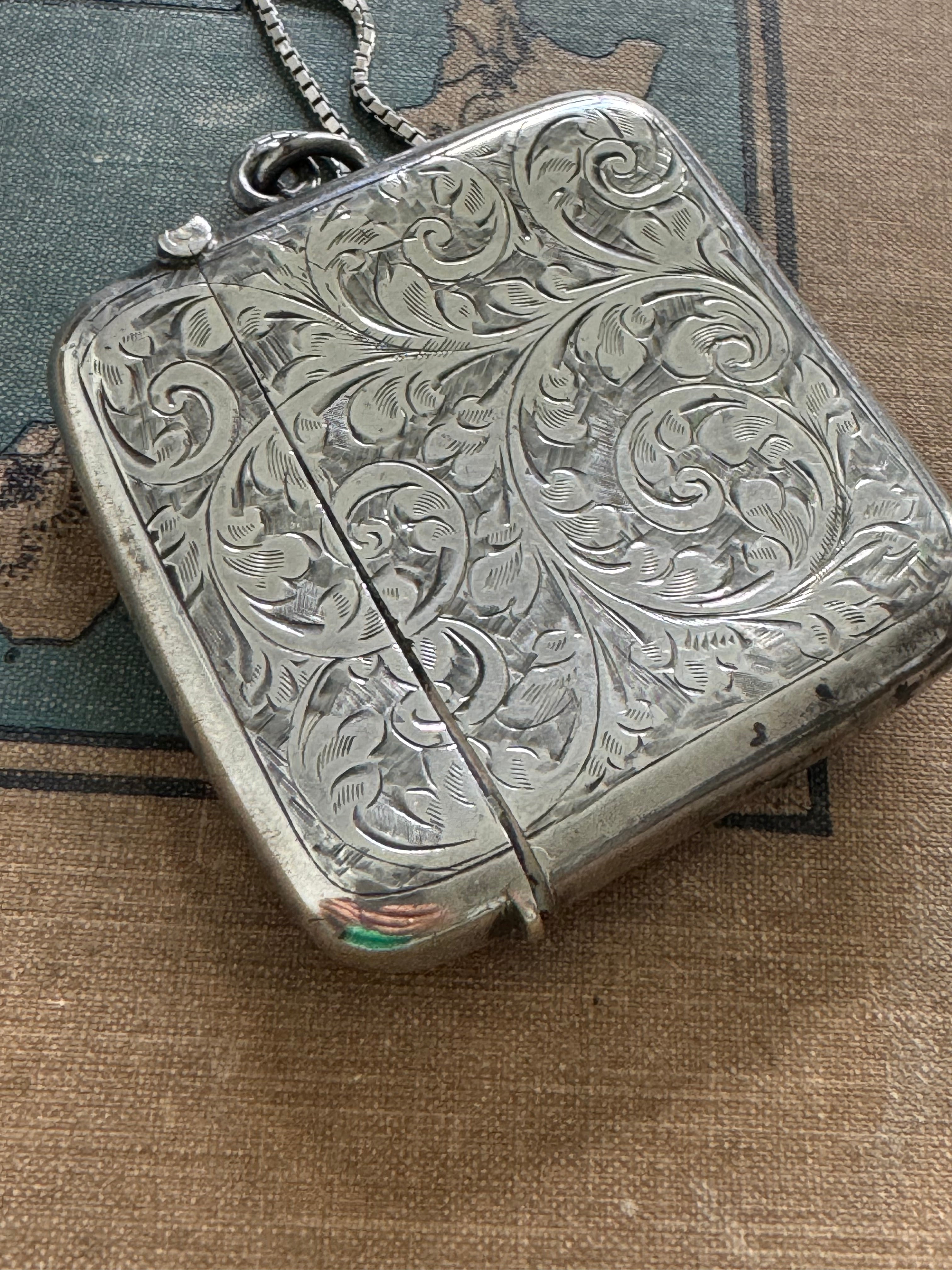 Antique Sterling Vesta Case & Unusual Boxed Link Chain