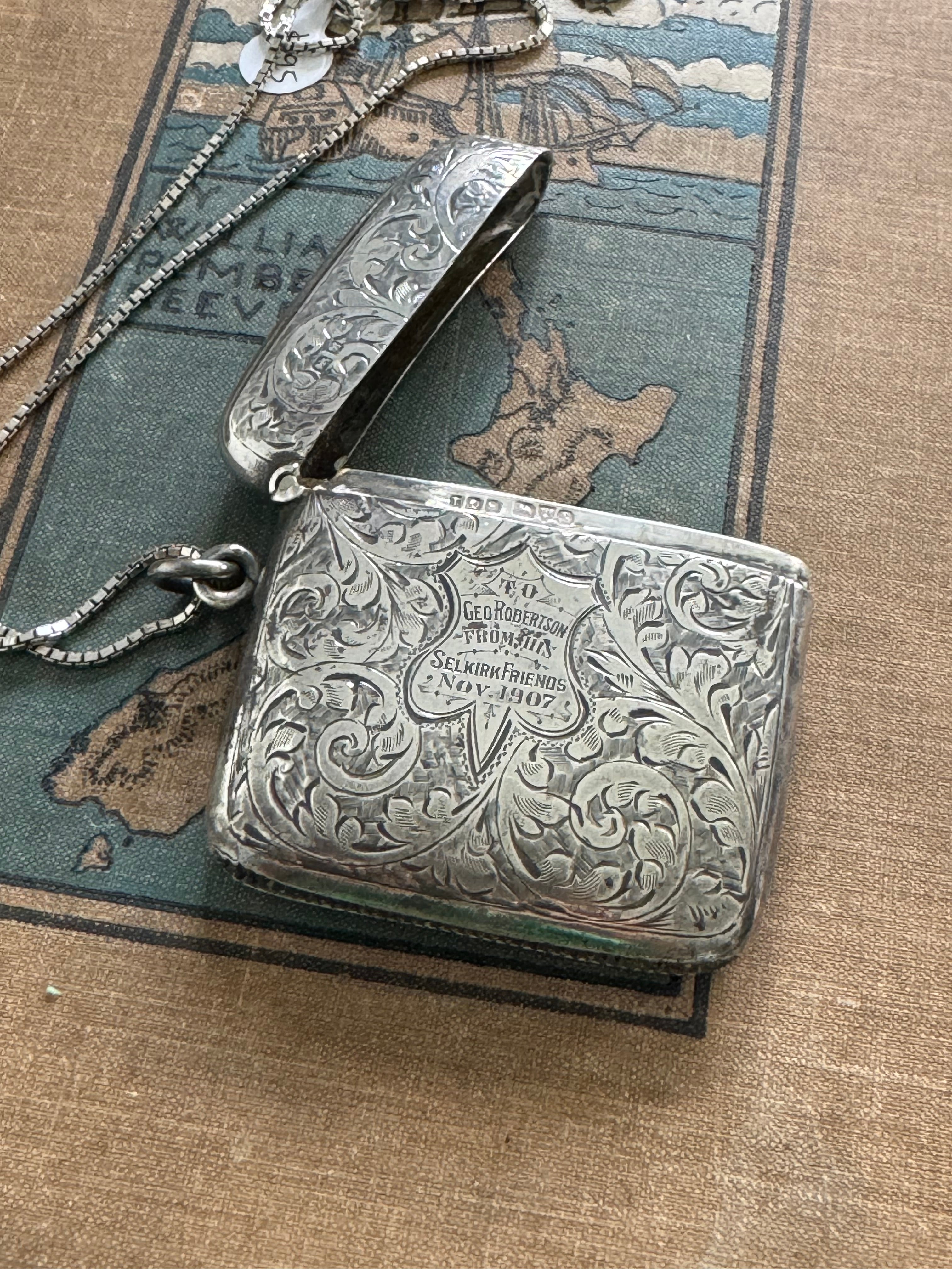 Antique Sterling Vesta Case & Unusual Boxed Link Chain