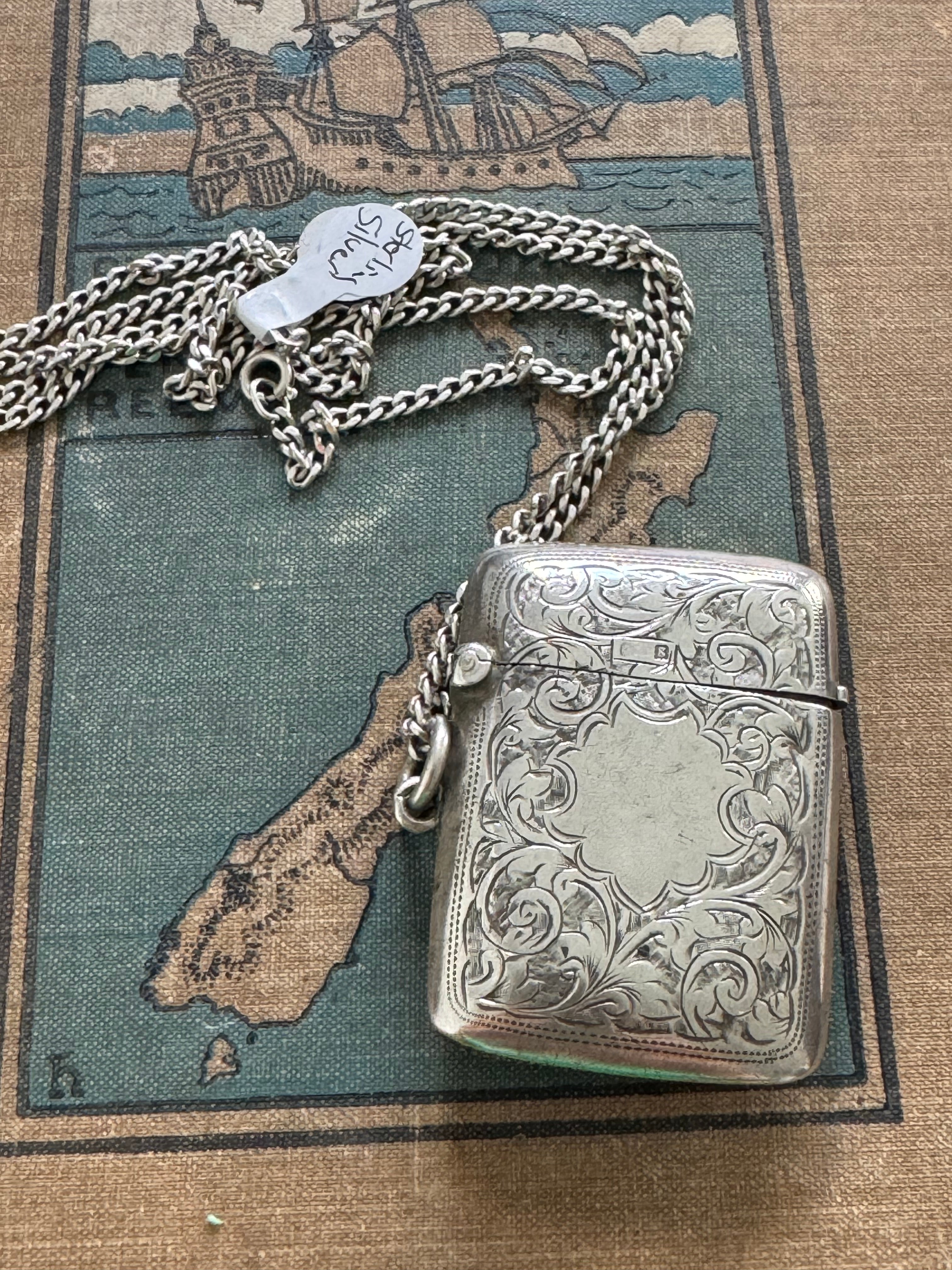 Antique Sterling Vesta Case & Curb Link Chain