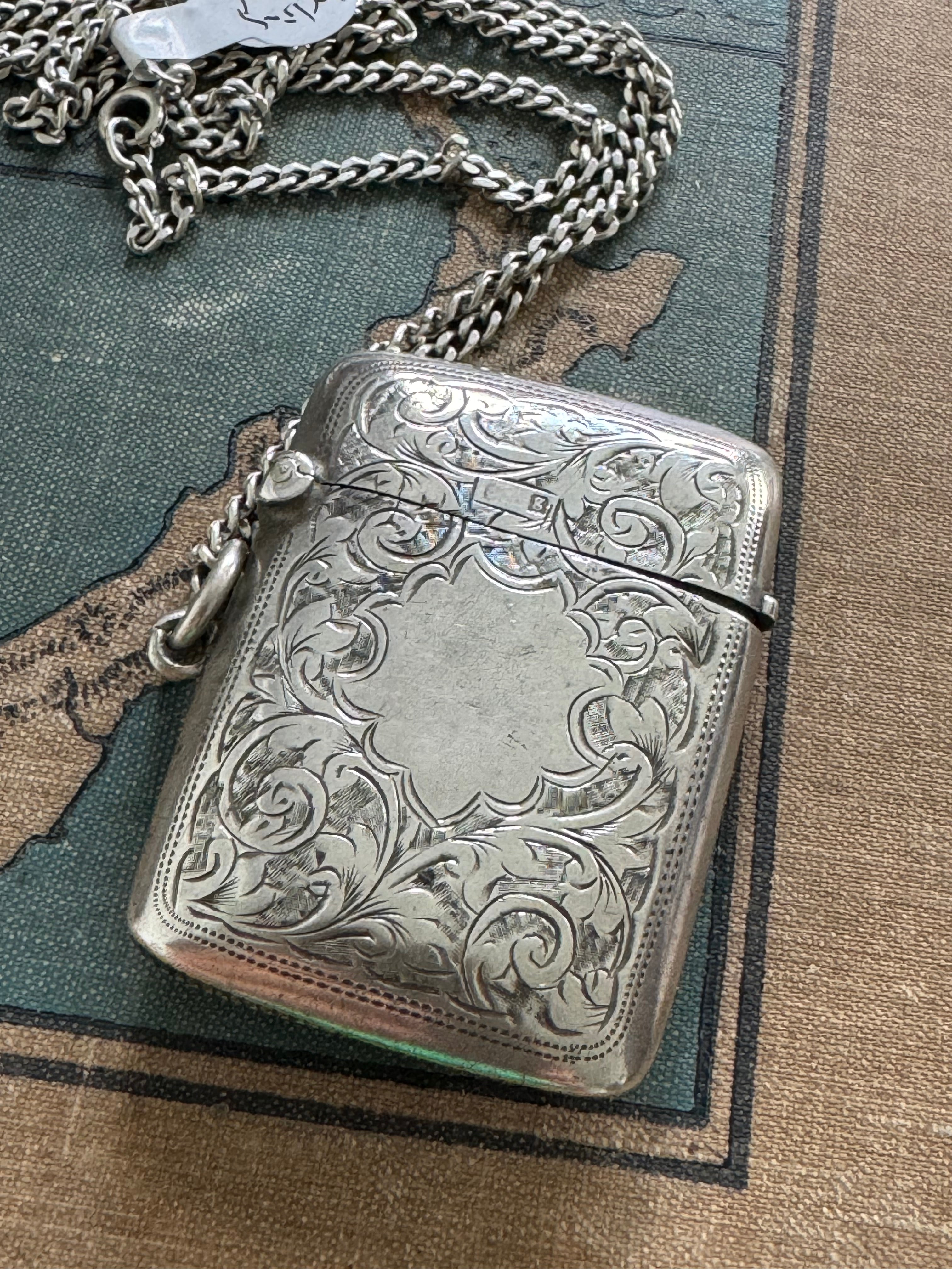Antique Sterling Vesta Case & Curb Link Chain