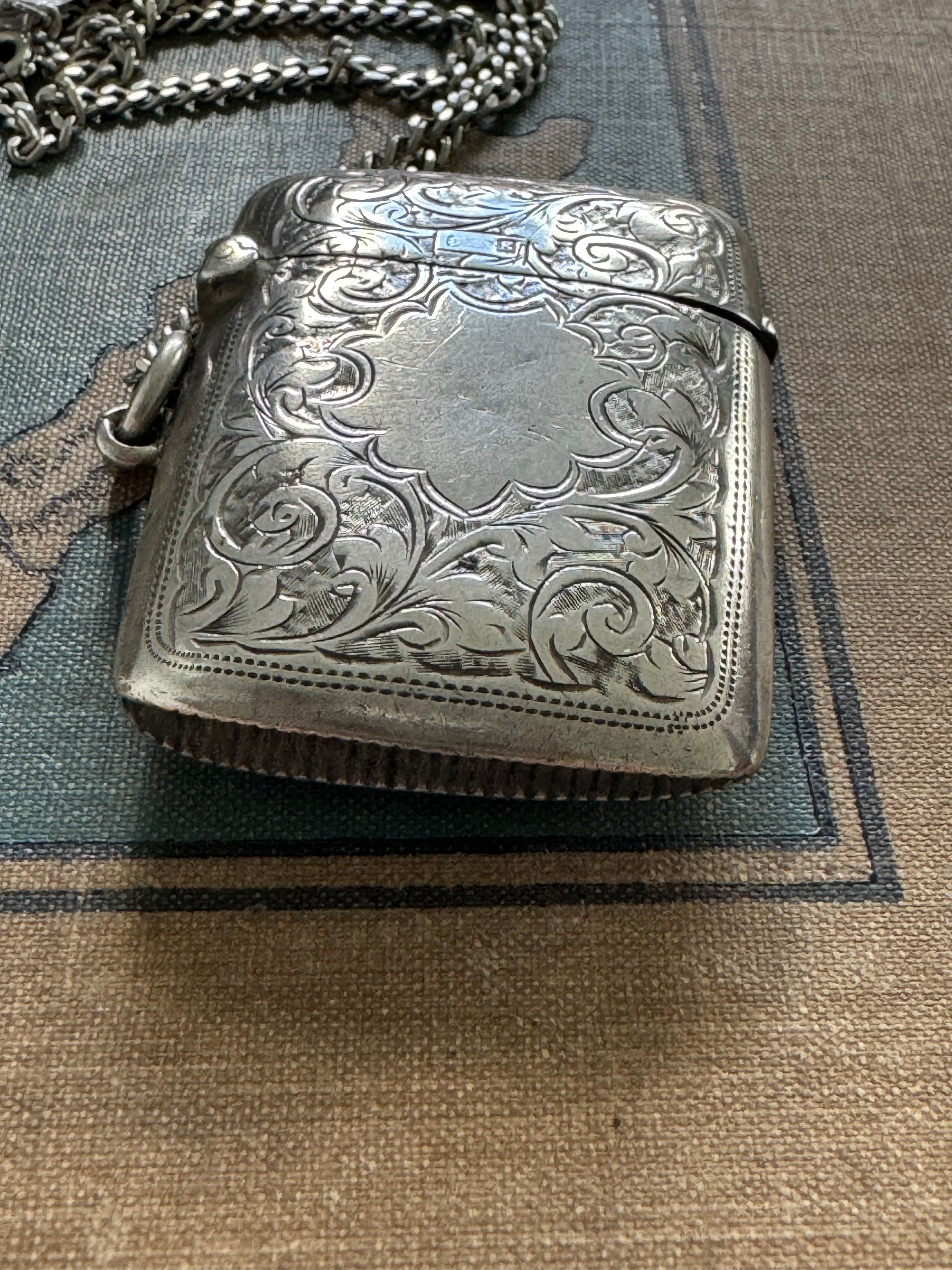 Antique Sterling Vesta Case & Curb Link Chain