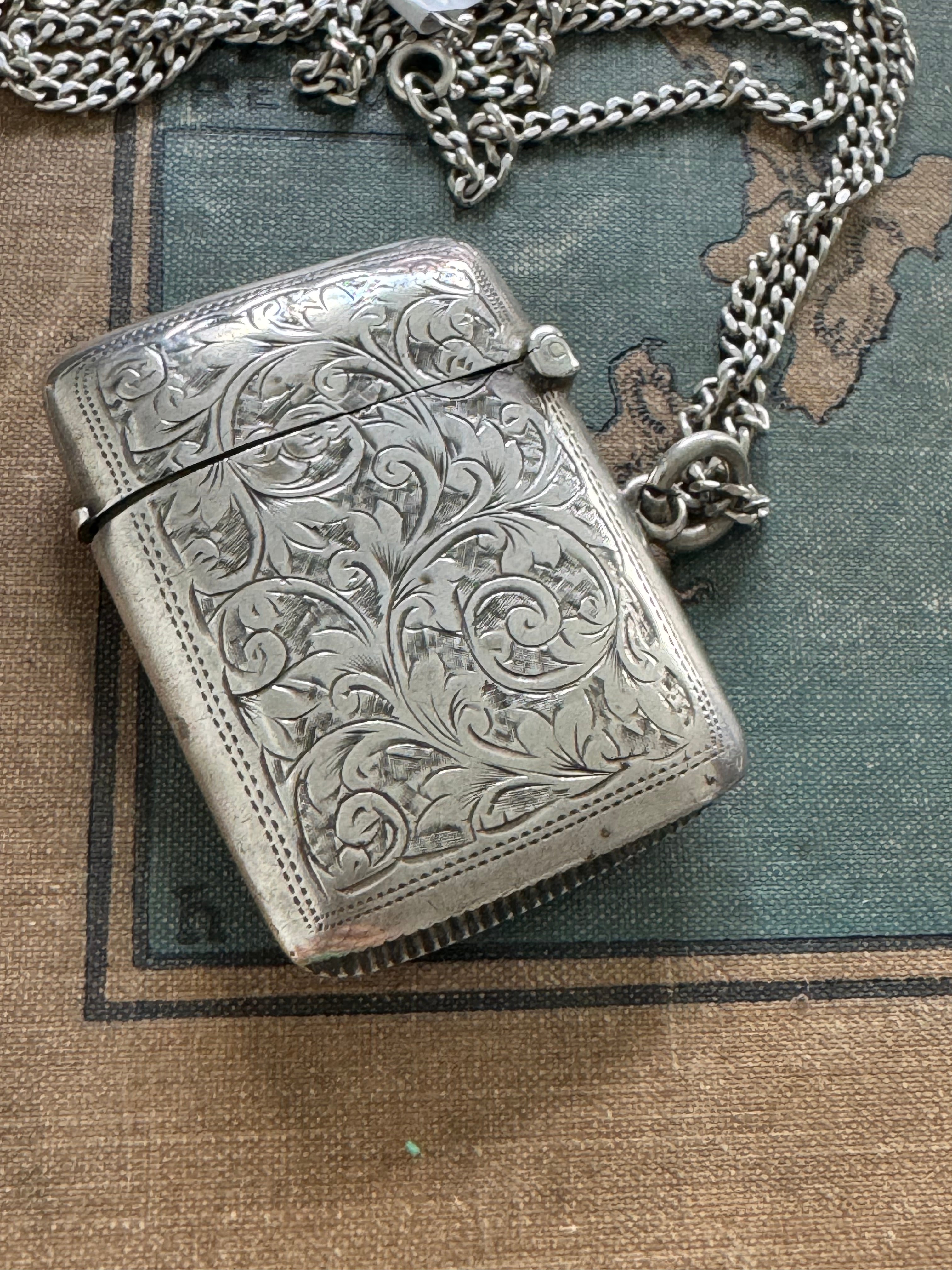 Antique Sterling Vesta Case & Curb Link Chain