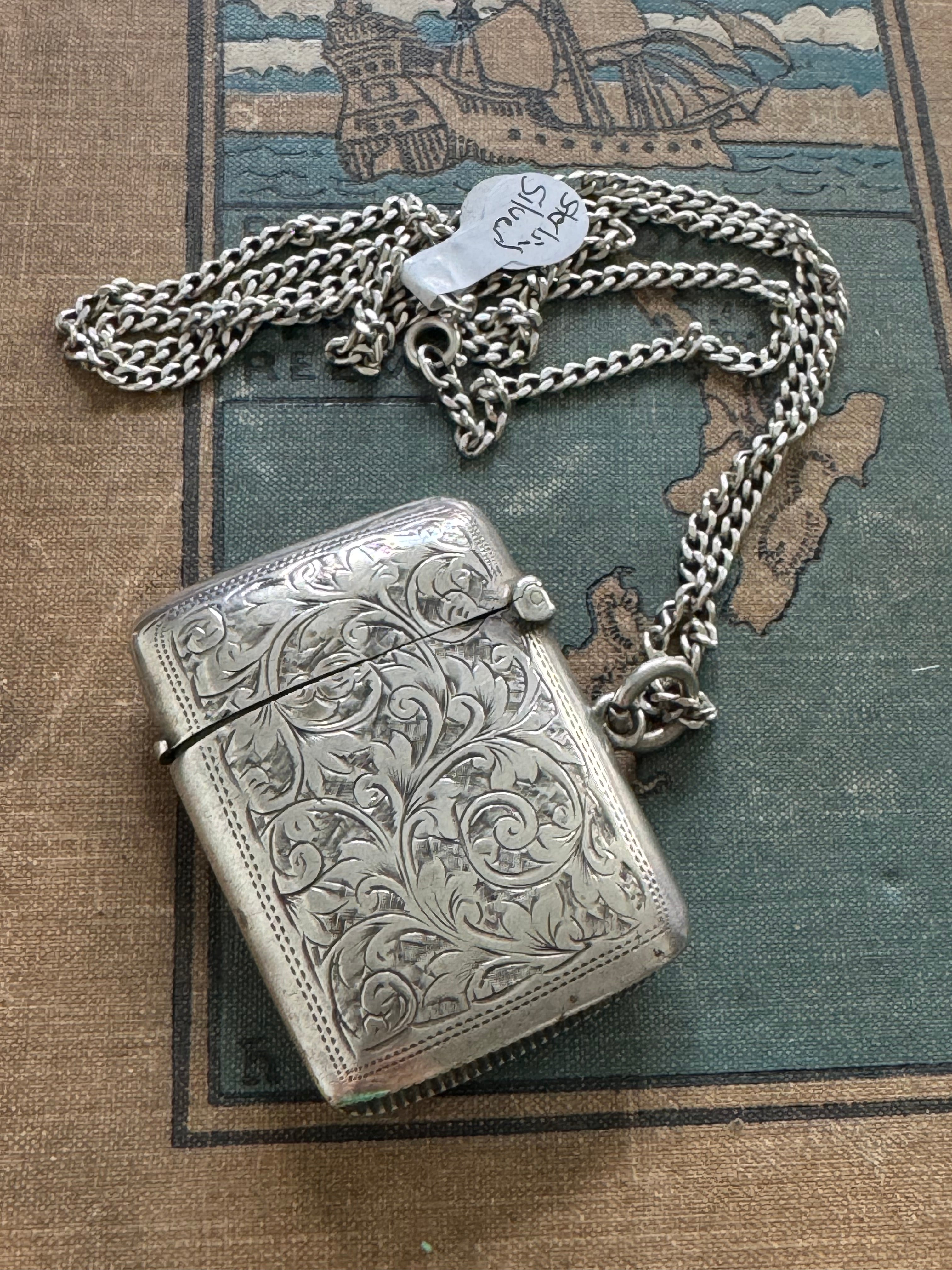 Antique Sterling Vesta Case & Curb Link Chain
