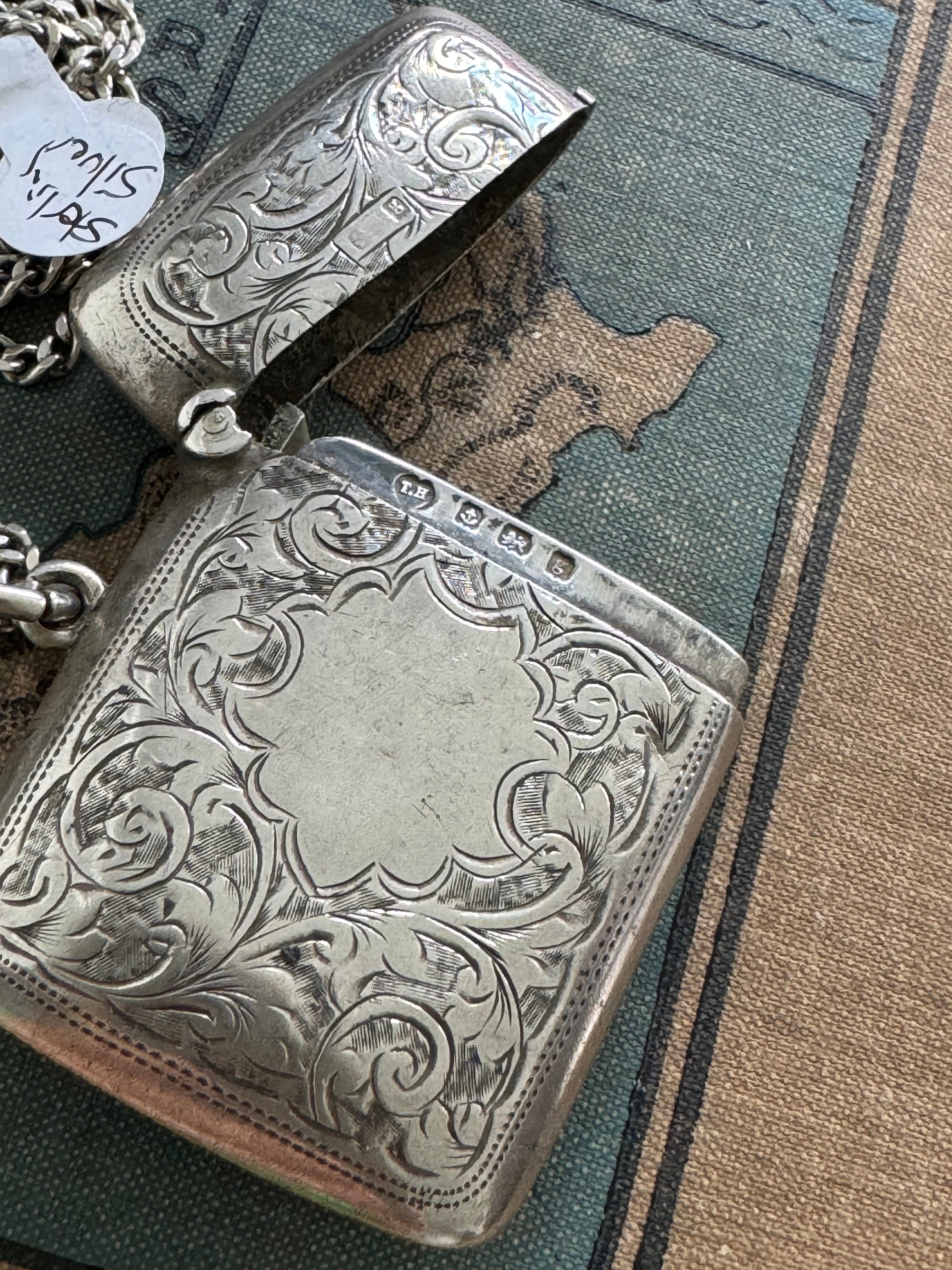 Antique Sterling Vesta Case & Curb Link Chain