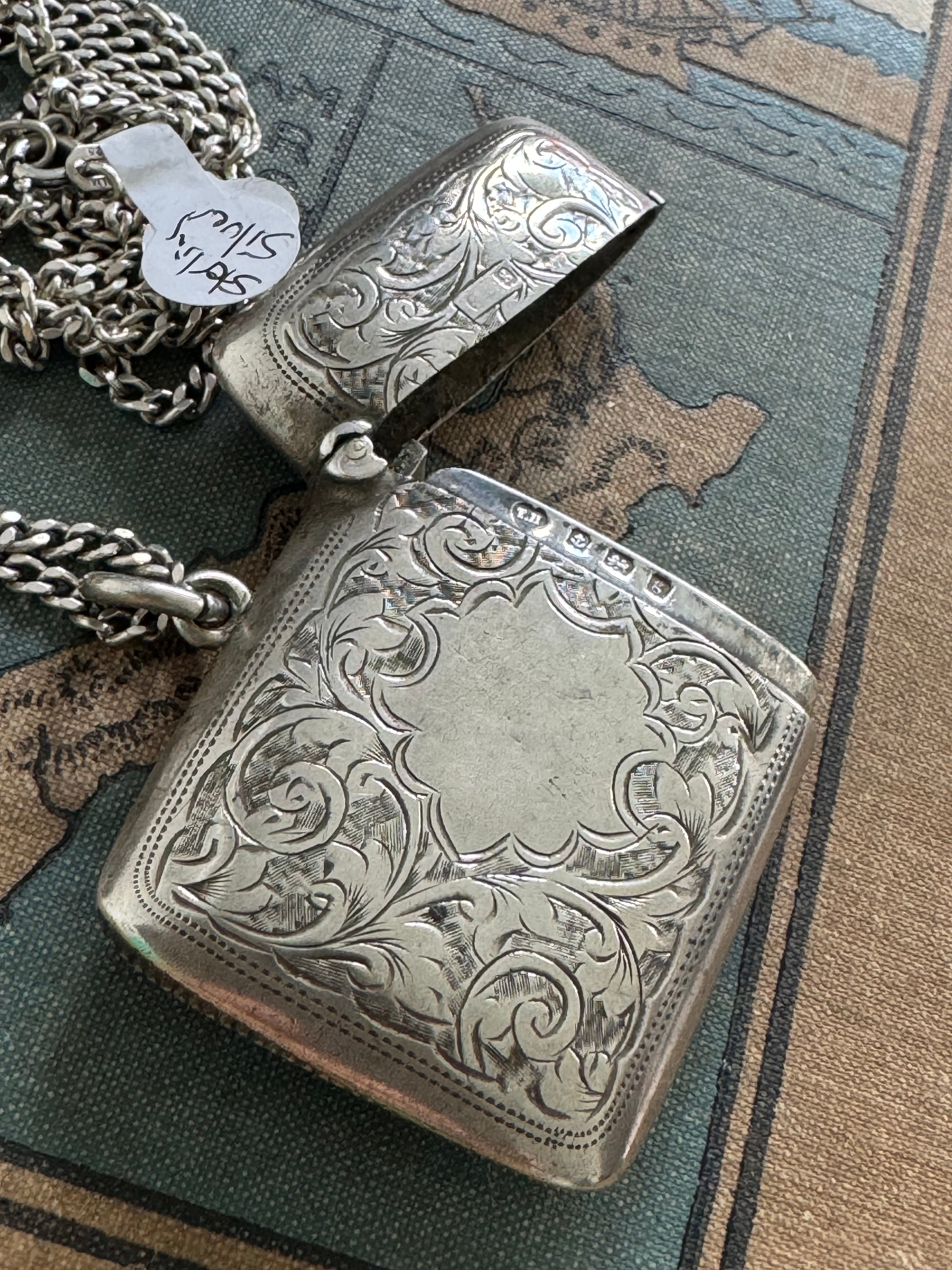 Antique Sterling Vesta Case & Curb Link Chain