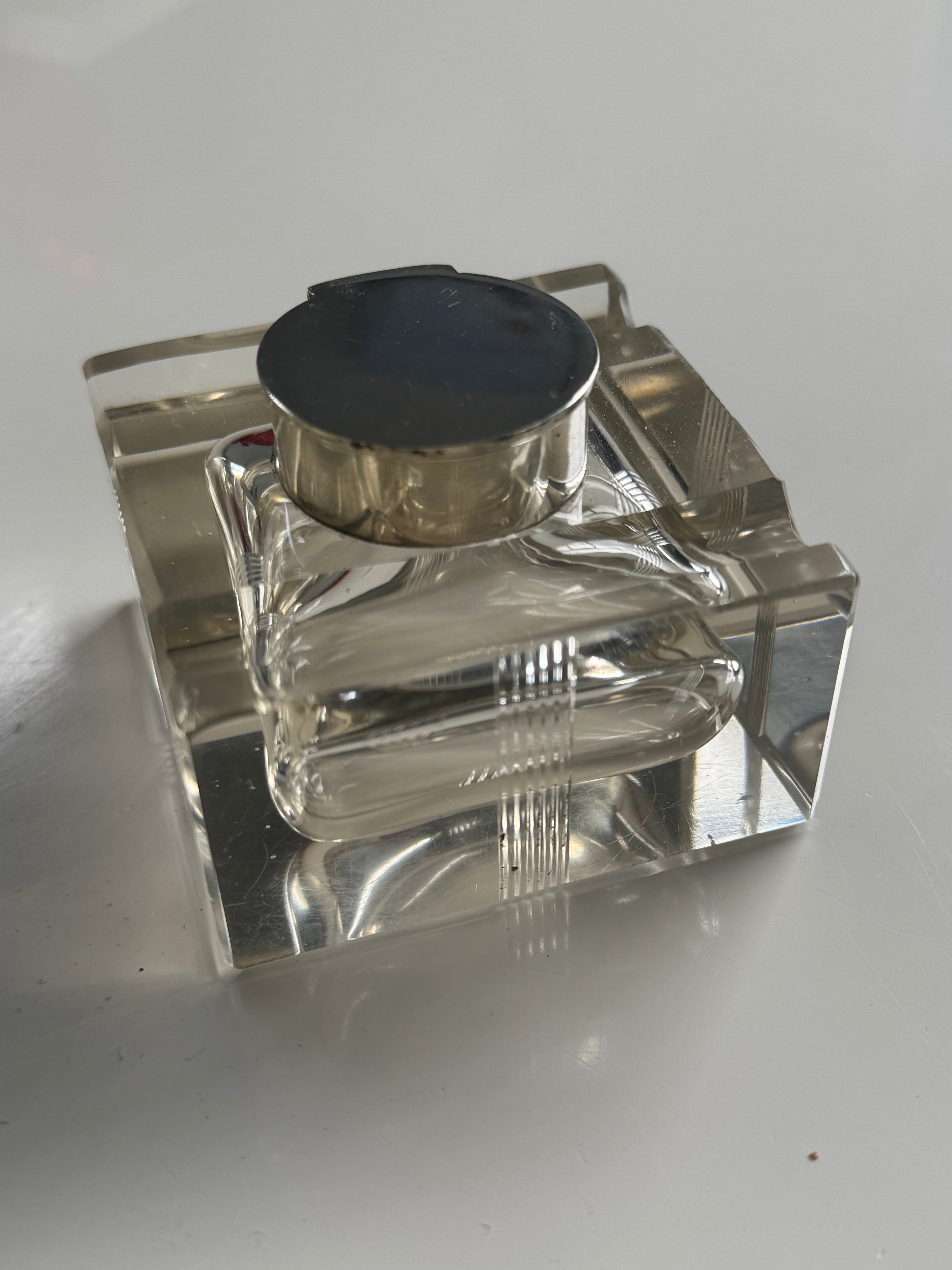 Large Antique Cut Crystal Sterling Silver Top Ink Well