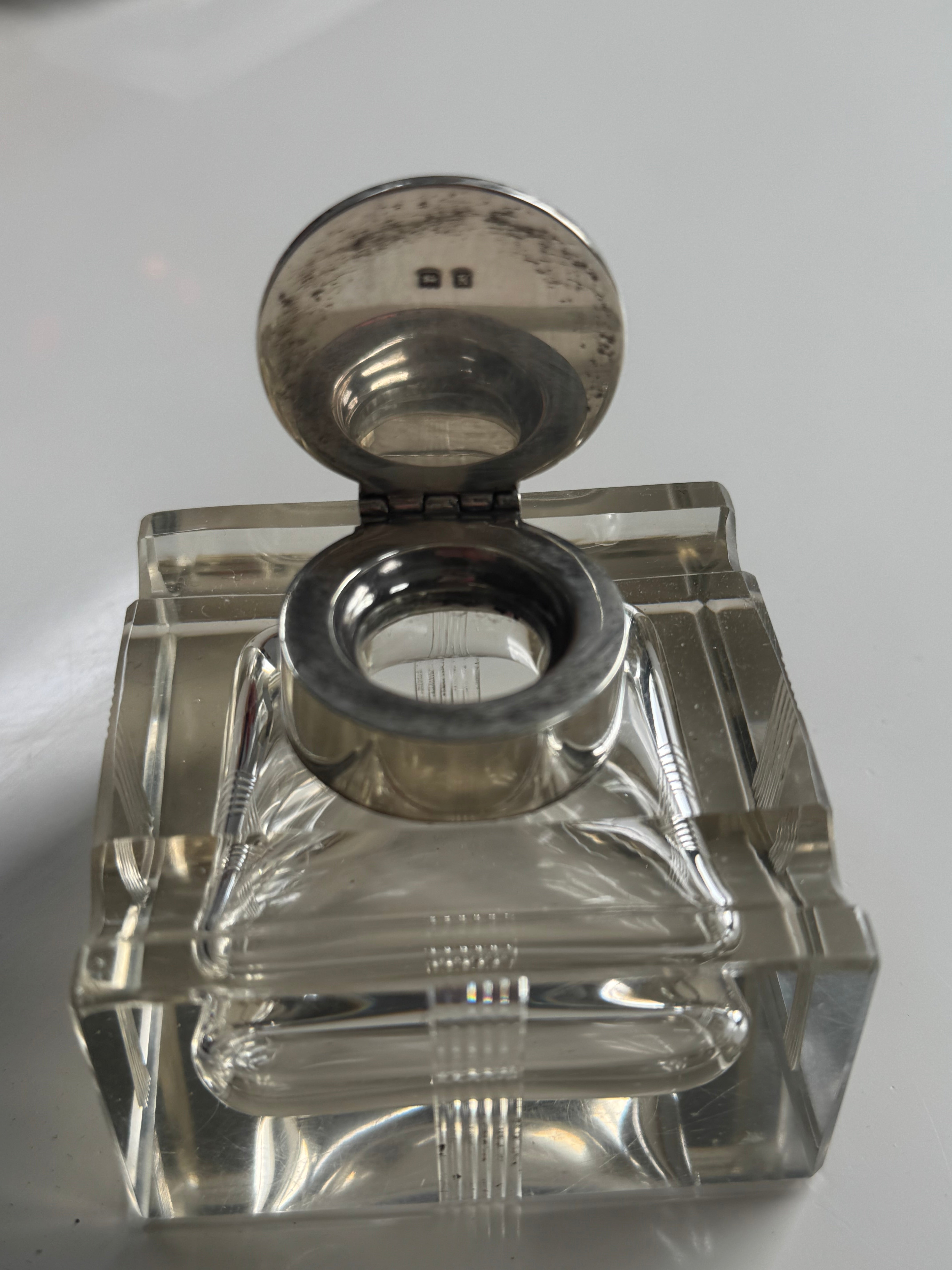 Large Antique Cut Crystal Sterling Silver Top Ink Well