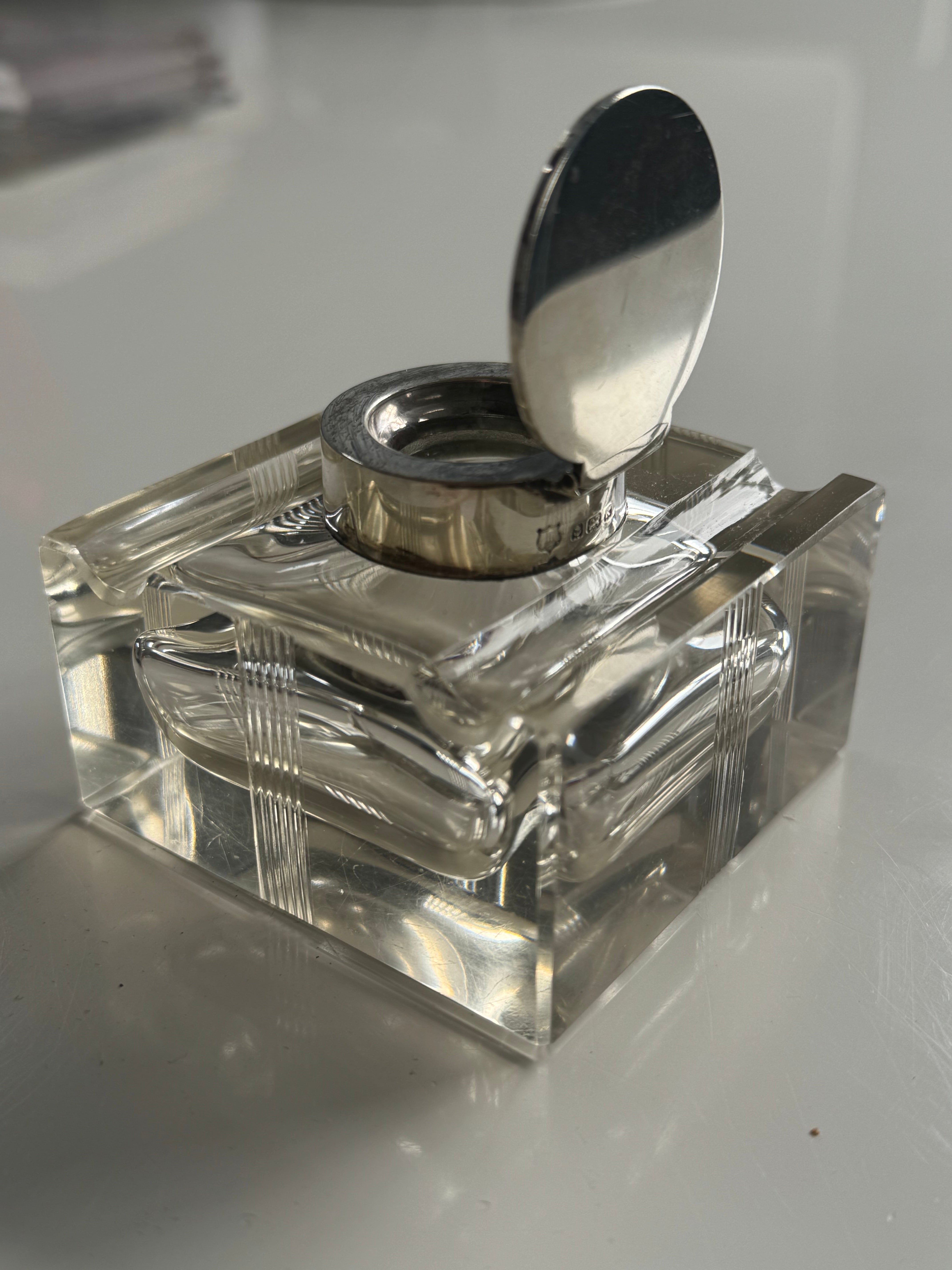 Large Antique Cut Crystal Sterling Silver Top Ink Well