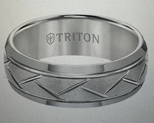 8MM Tungsten Carbide Ring - Domed Alternating Diagonal Cuts and Bevel Edge