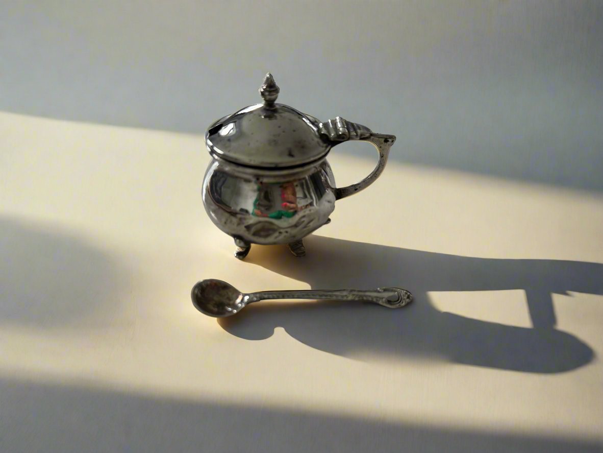 Sterling Silver Deakin & Francis Mustard Pot c1922 + Sterling Spoon