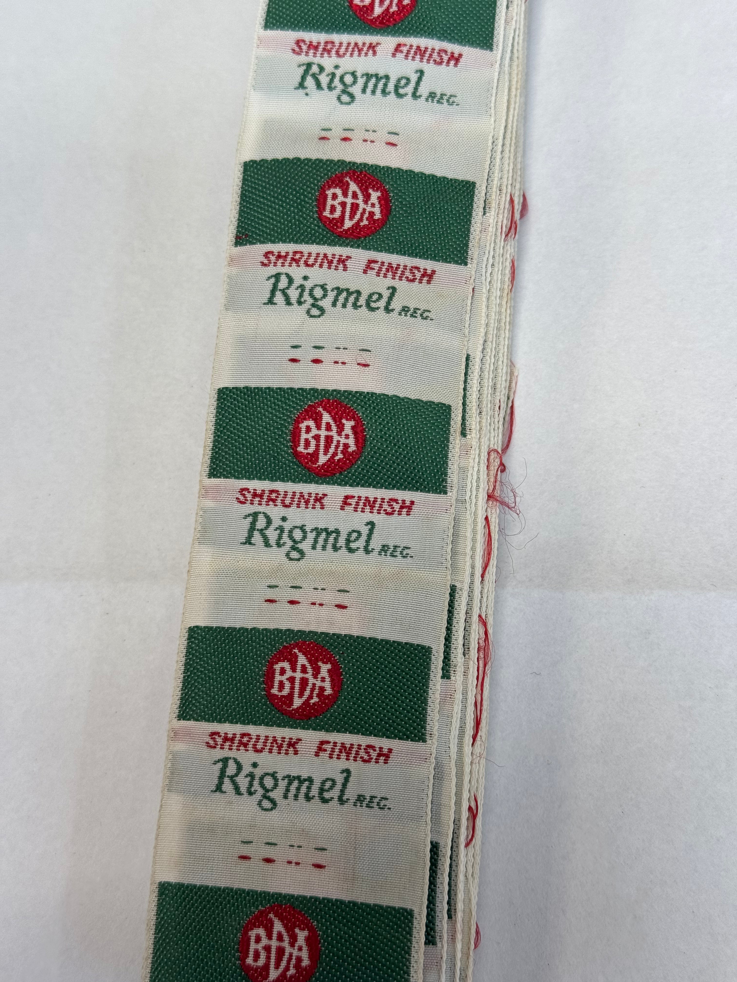 Vintage New Zealand Clothing Label BDA Shrunk Finish Rigmel - Sold By The Metre