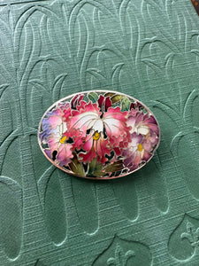 Vintage Silver Cloisonné Oval Floral Brooch stamped silver 1000