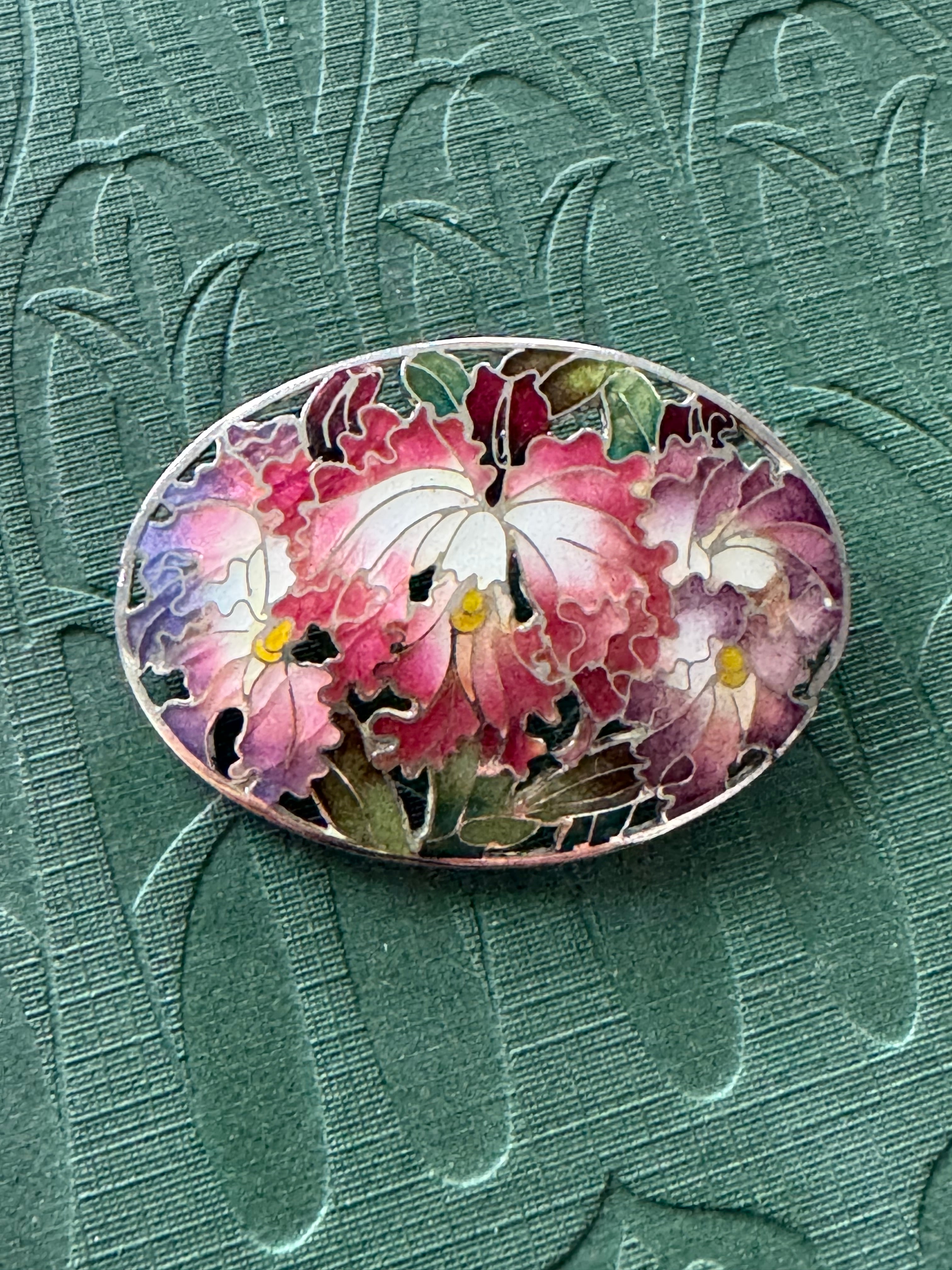Vintage Silver Cloisonné Oval Floral Brooch stamped silver 1000