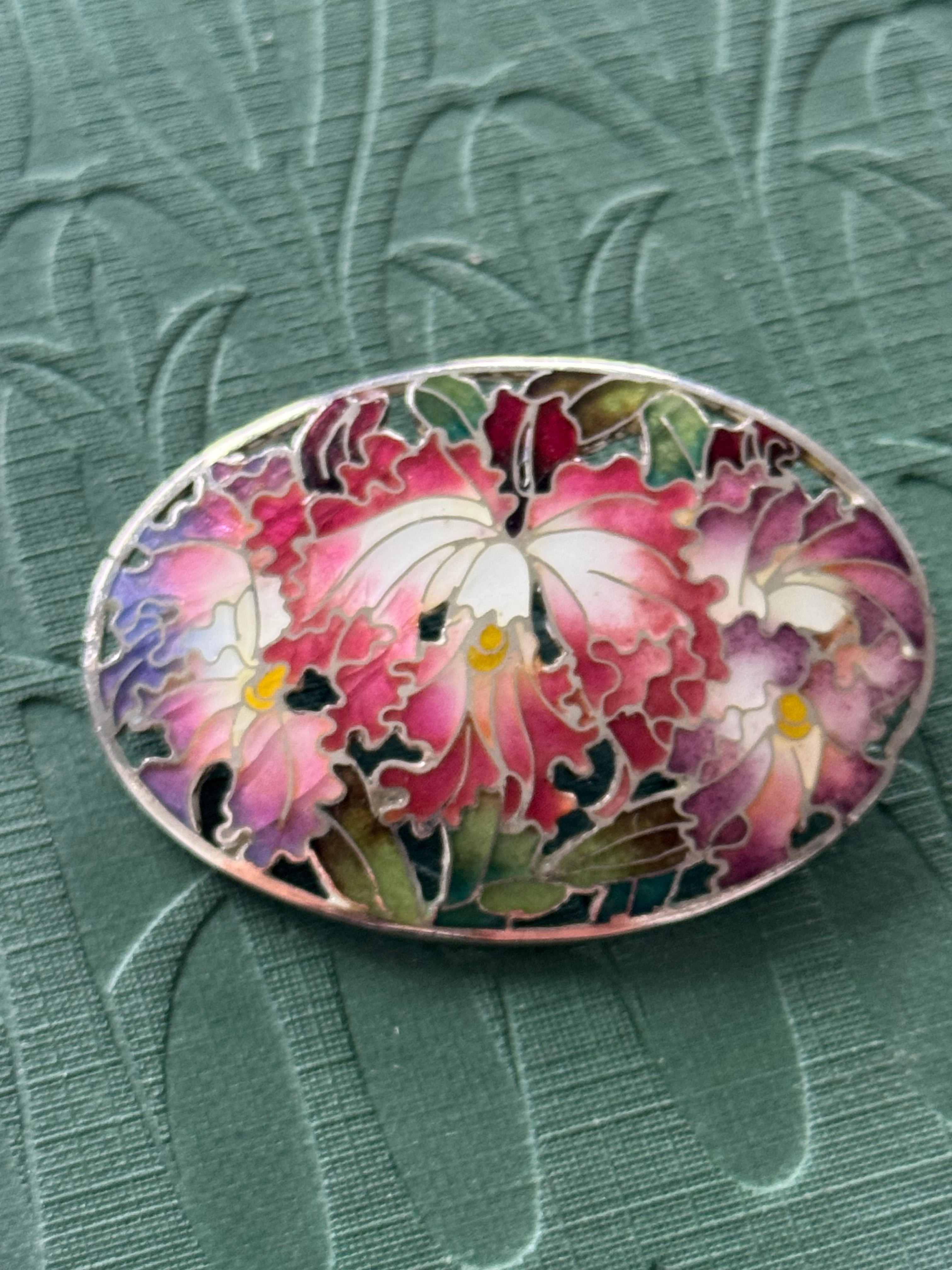 Vintage Silver Cloisonné Oval Floral Brooch stamped silver 1000