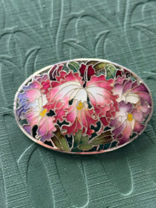 Vintage Silver Cloisonné Oval Floral Brooch stamped silver 1000