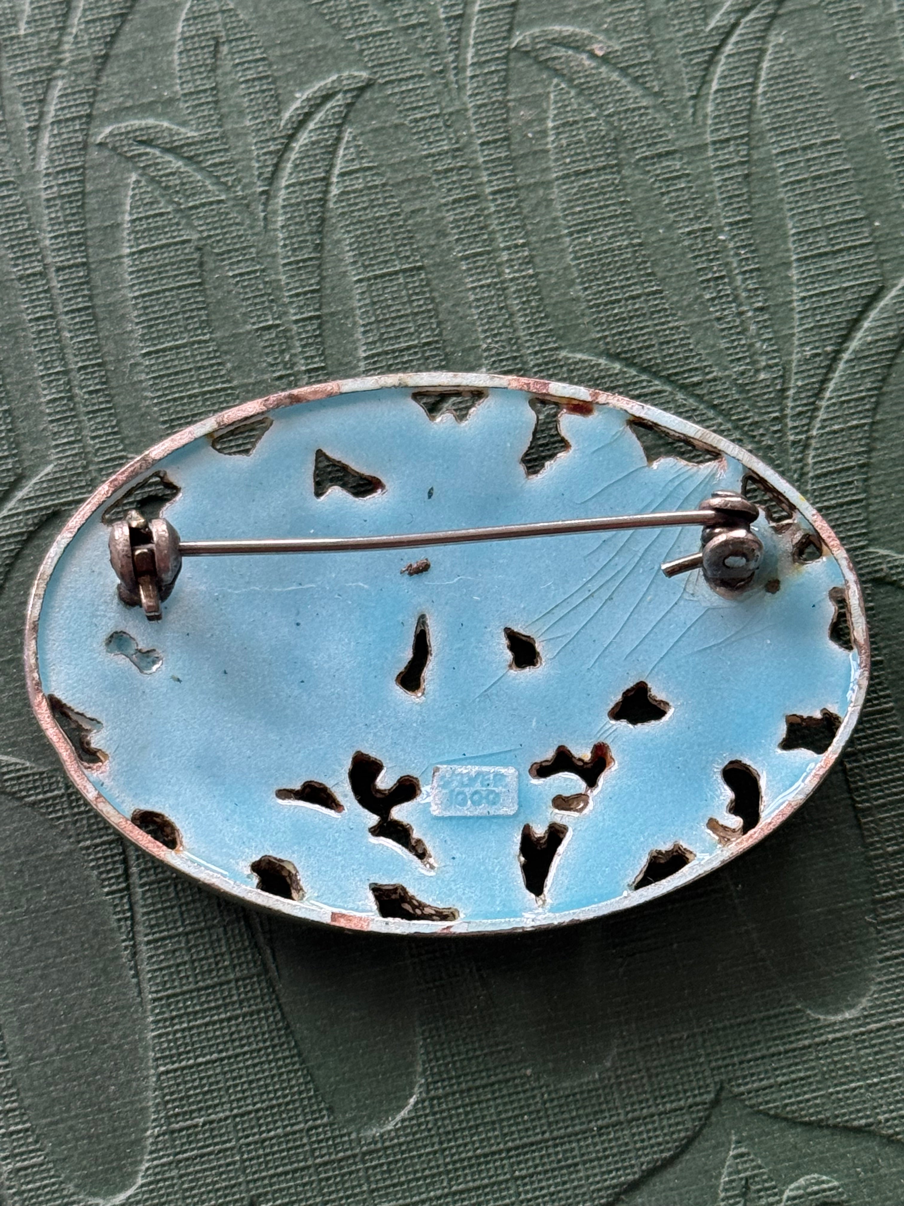Vintage Silver Cloisonné Oval Floral Brooch stamped silver 1000