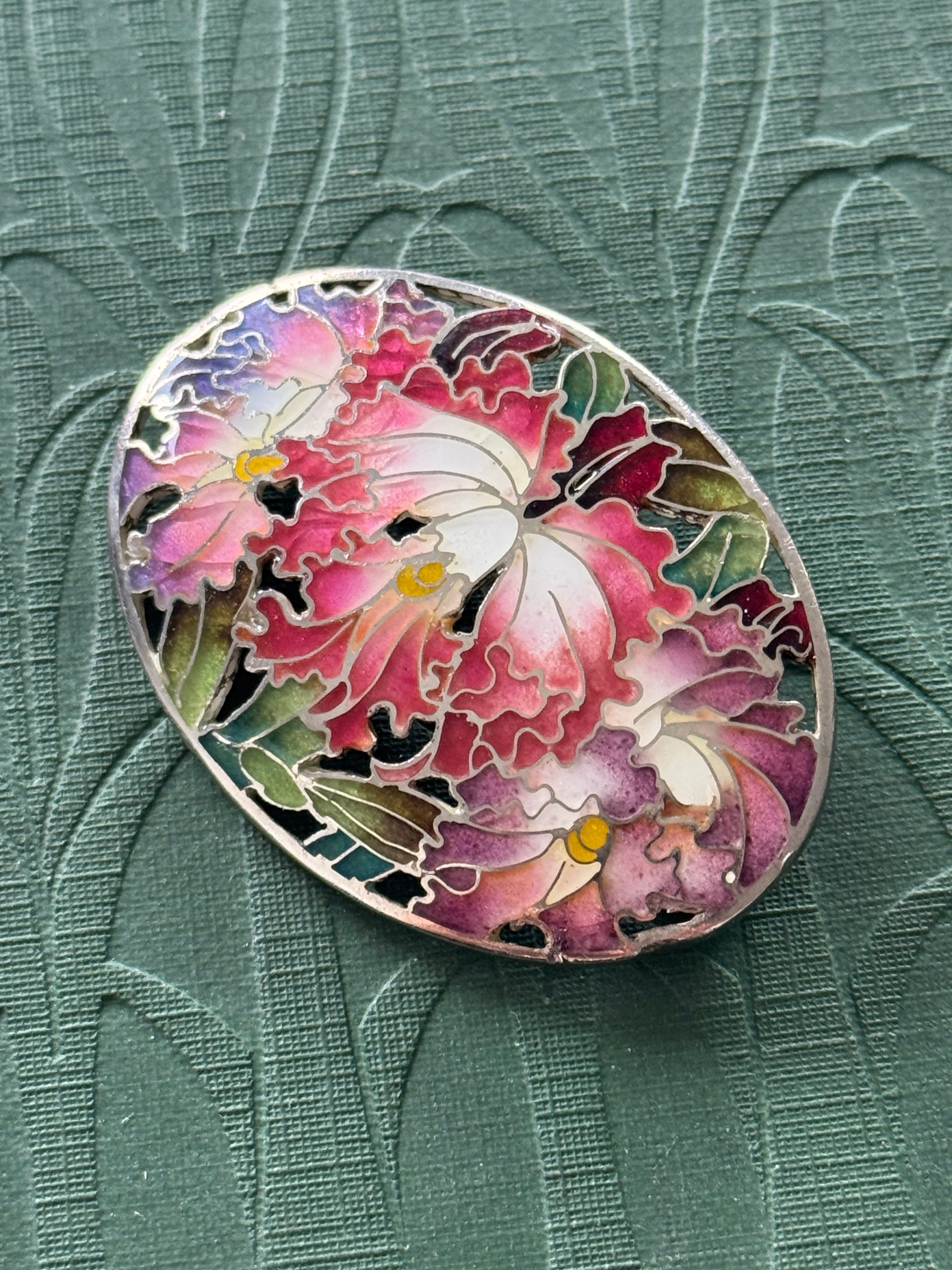 Vintage Silver Cloisonné Oval Floral Brooch stamped silver 1000