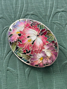 Vintage Silver Cloisonné Oval Floral Brooch stamped silver 1000