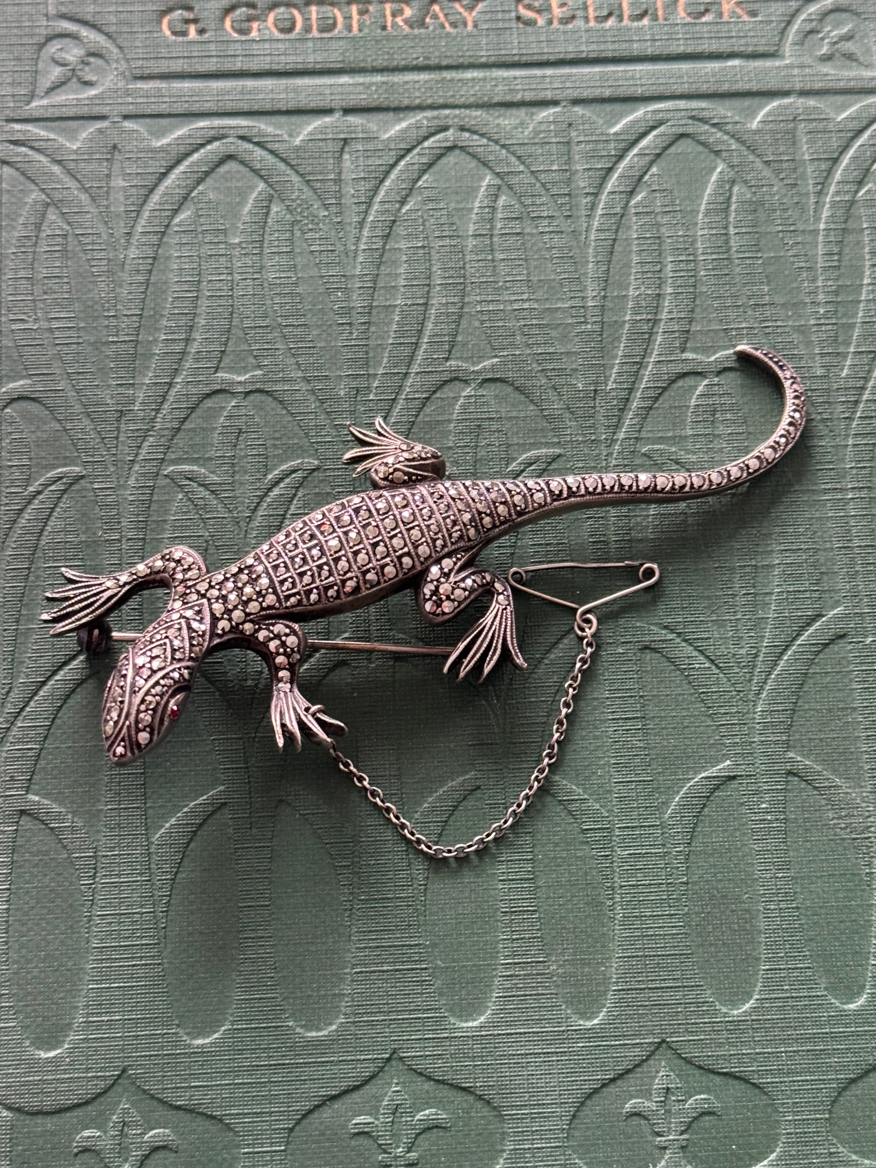 Incredible Vintage Sterling Silver Marcasite Lizard