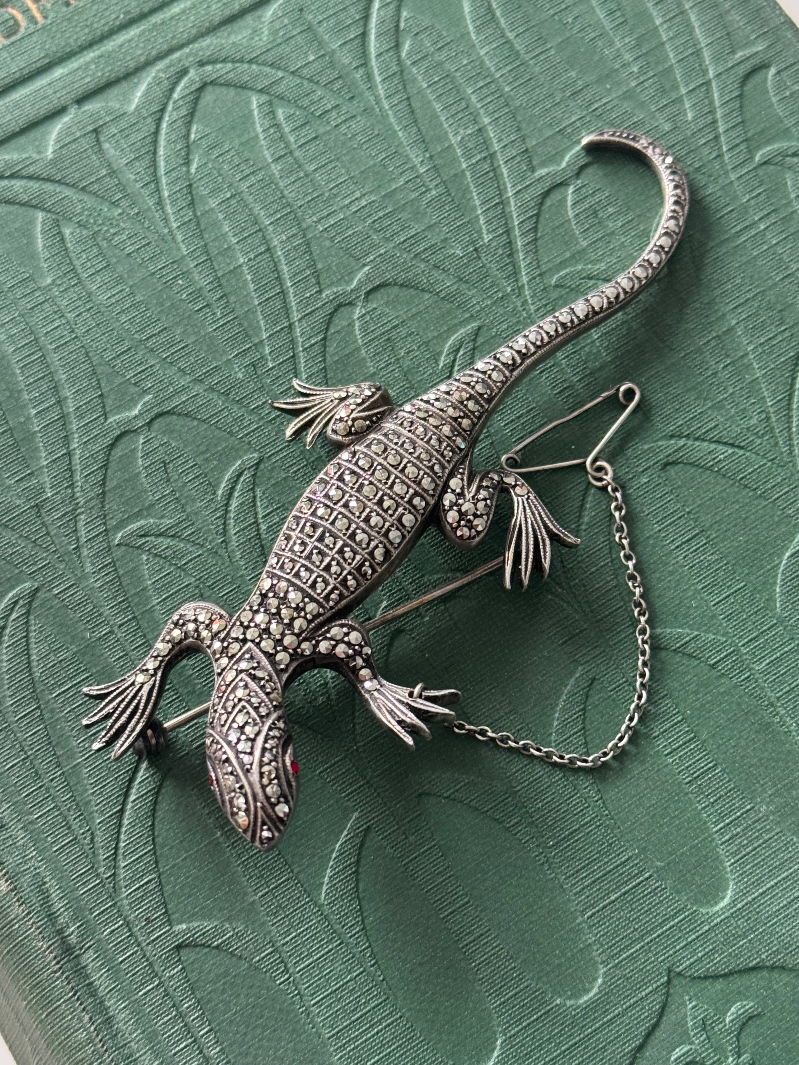 Incredible Vintage Sterling Silver Marcasite Lizard