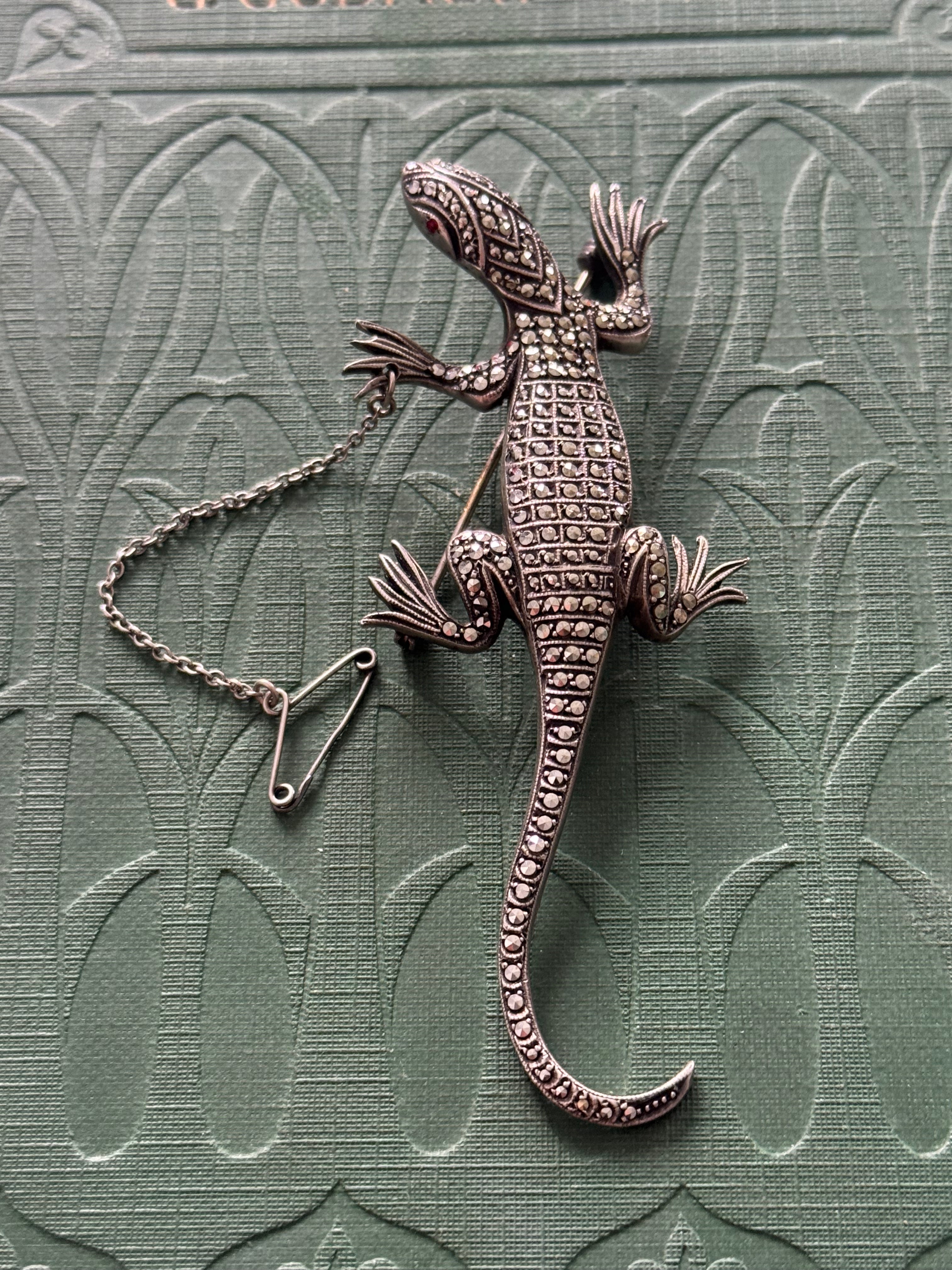 Incredible Vintage Sterling Silver Marcasite Lizard