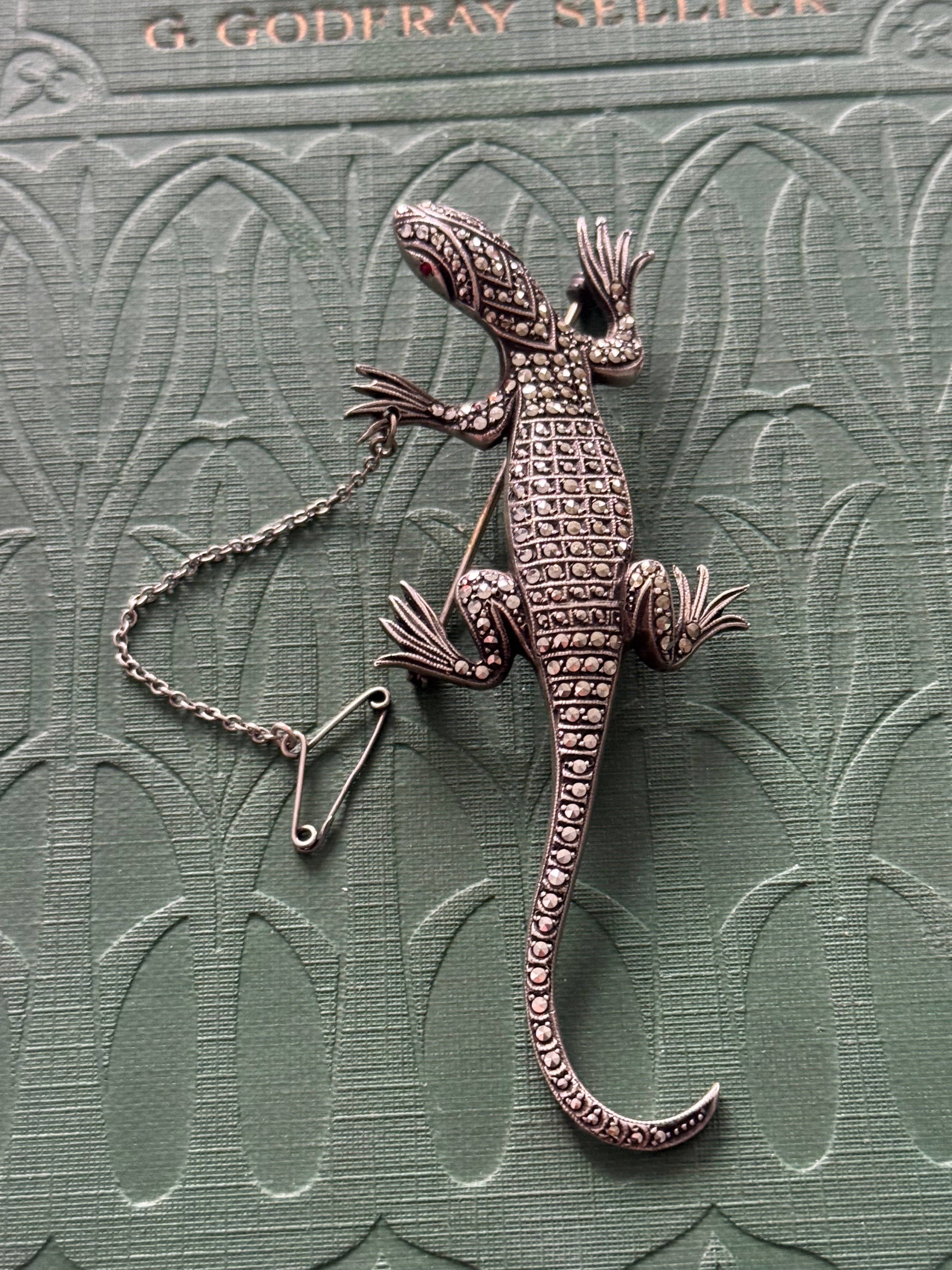 Incredible Vintage Sterling Silver Marcasite Lizard