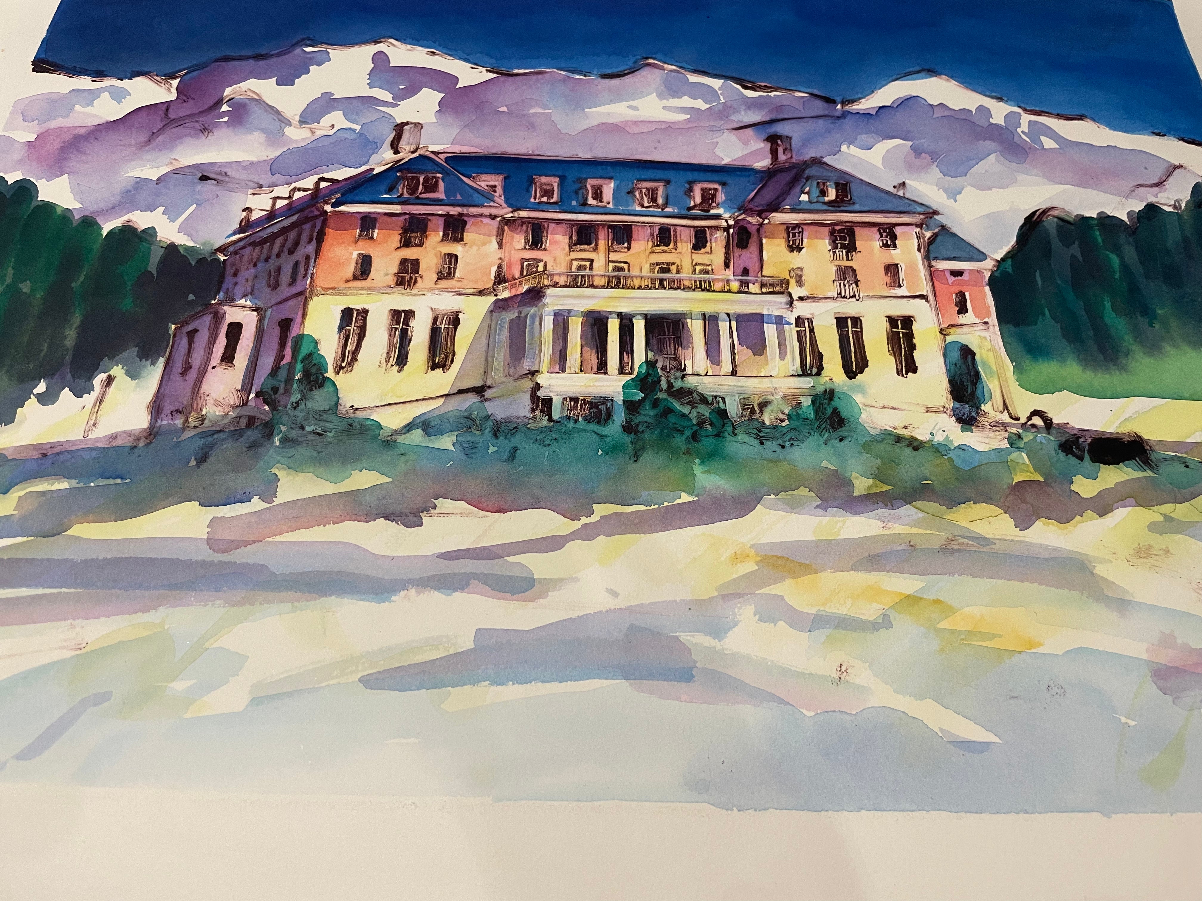 JILL HENRIOD ORIGINAL THE CHATEAU WITH MT RUAPEHU SIGNED ON VERSO
