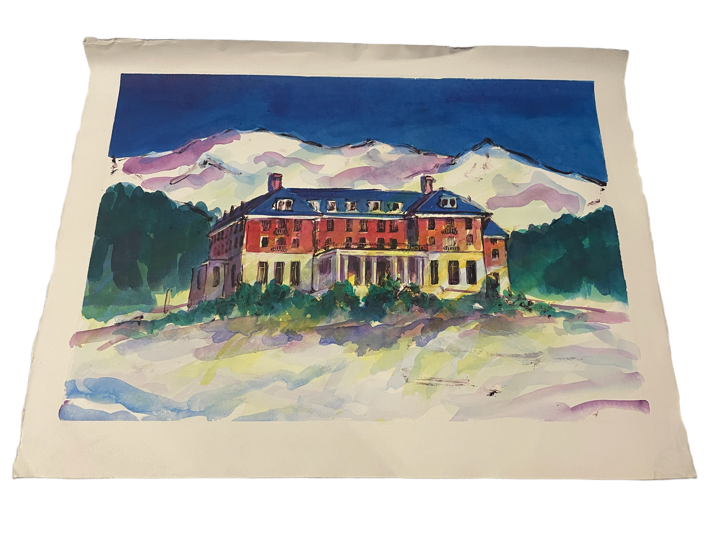JILL HENRIOD ORIGINAL THE CHATEAU WITH MT RUAPEHU SIGNED ON VERSO