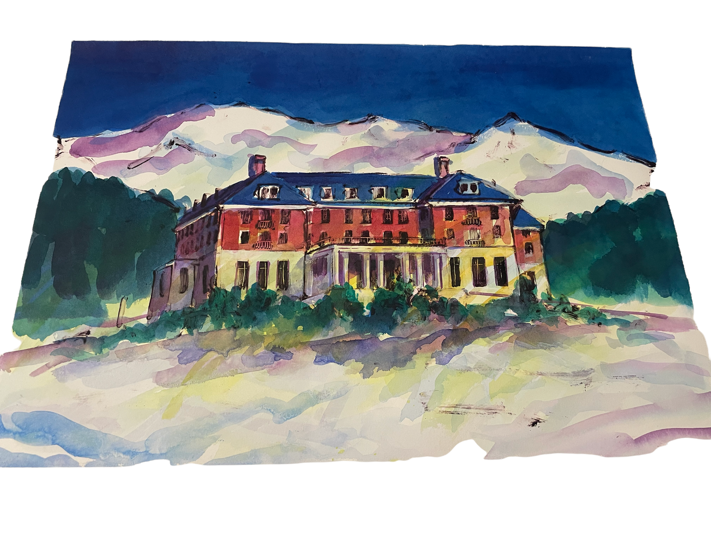 JILL HENRIOD ORIGINAL THE CHATEAU WITH MT RUAPEHU SIGNED ON VERSO