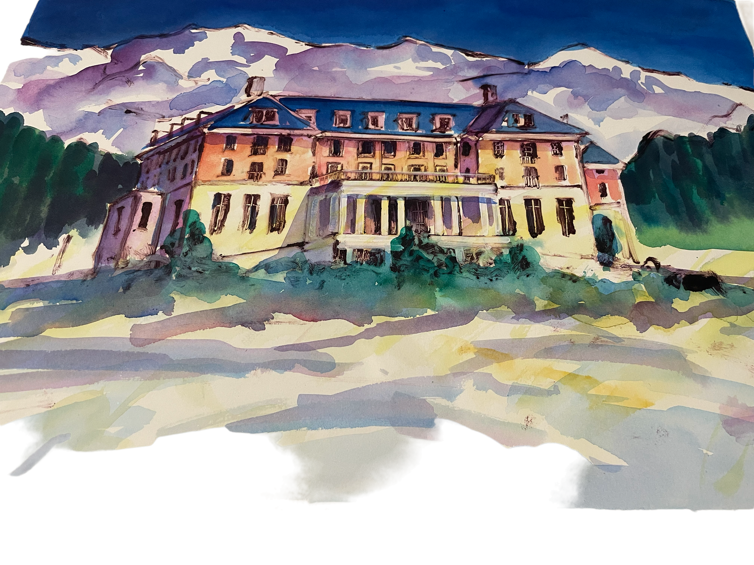 JILL HENRIOD ORIGINAL THE CHATEAU WITH MT RUAPEHU SIGNED ON VERSO