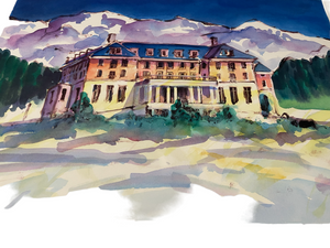 JILL HENRIOD ORIGINAL THE CHATEAU WITH MT RUAPEHU SIGNED ON VERSO